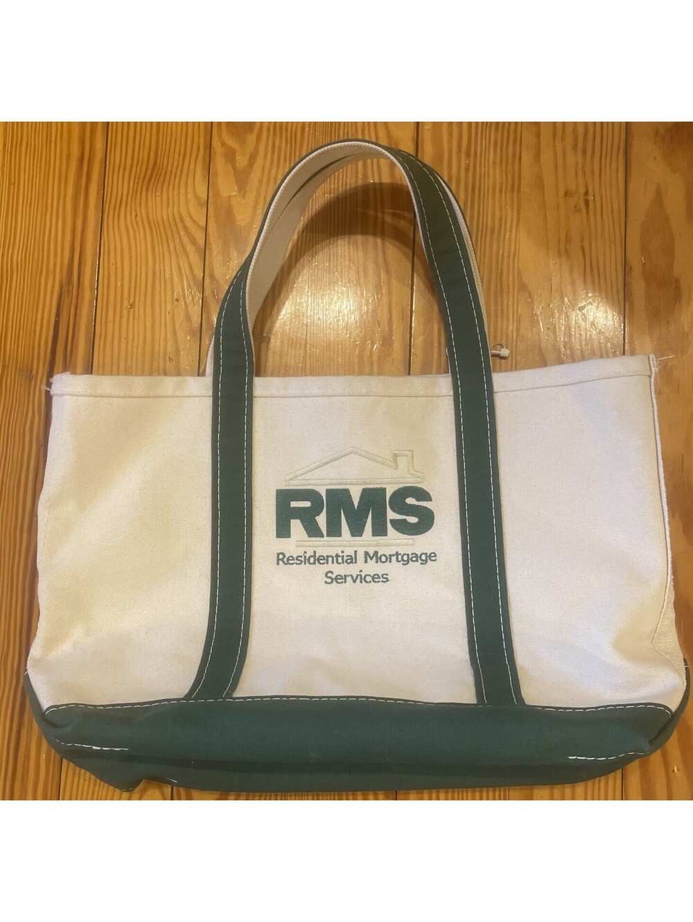 L.L. Bean Boat & Tote Bag Green & Cream Monogrammed Medium 17” USA HTF Nice